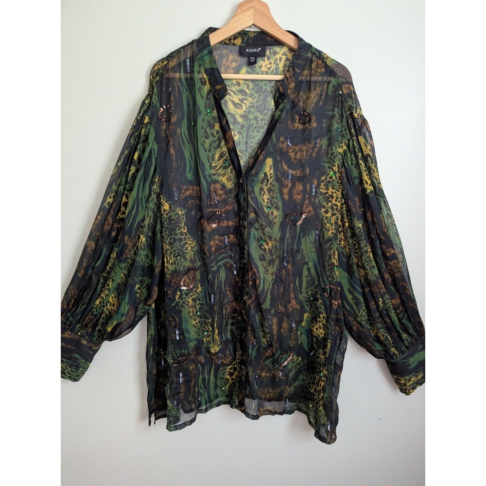 Ashro 3XL Sheer Chiffon Balloon Sleeve Tunic Top Leopard Sequin Resort Plus Sz